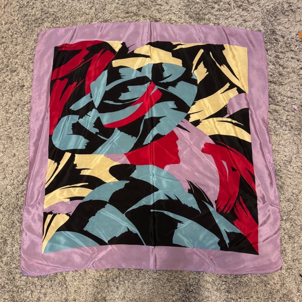Vintage The Luxury of Silk Square Scarf Abstract Brushstroke Made Japan Purple